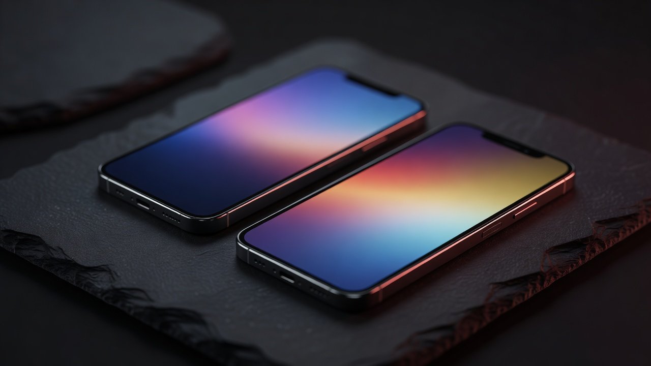 Zwei Smartphones auf dunklem Schiefer mit leuchtenden Displays
