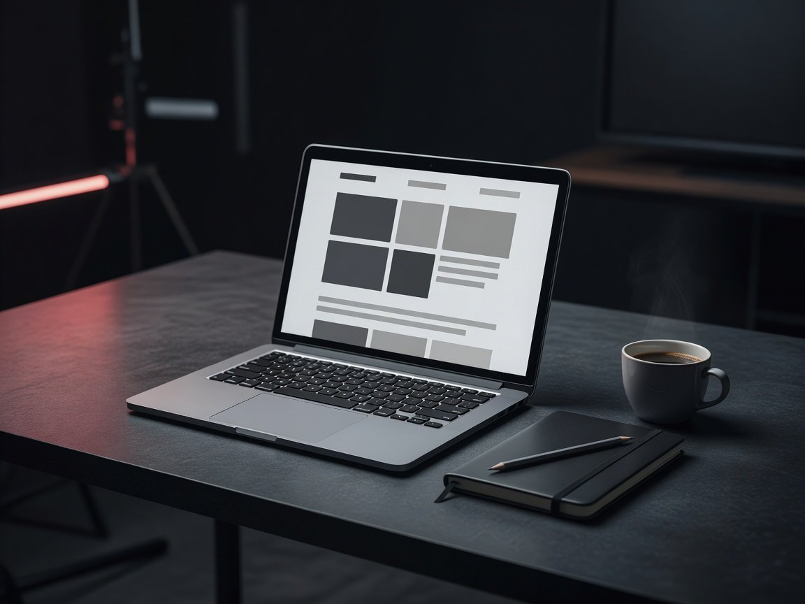 Arbeitsplatz mit Laptop und minimalem Webdesign-Layout in dunklem Studio